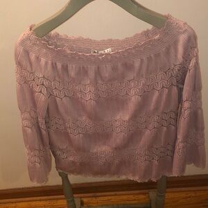 Say What? Mauve Pink Lace-Trim Off-Shoulder Blouse
